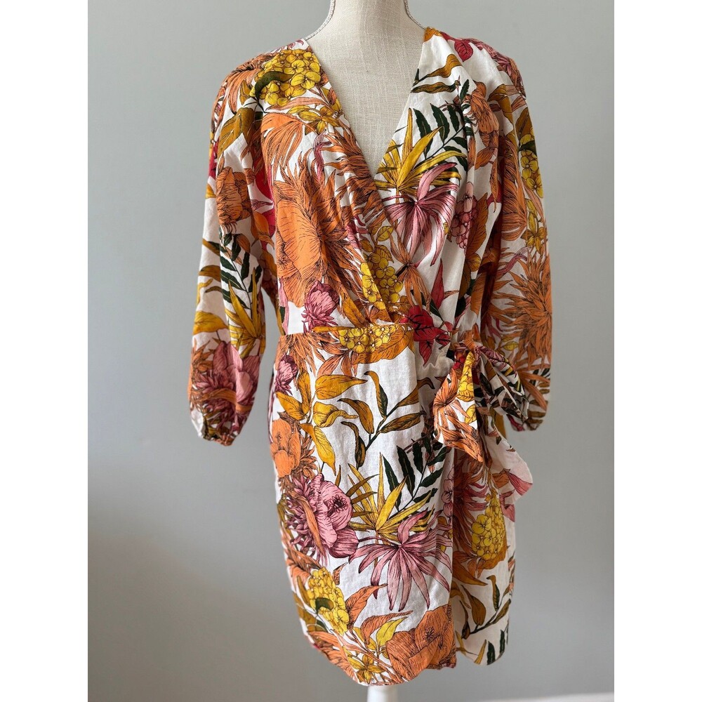 Express Floral Linen-Blend V-Neck Long Sleeve Tie Wrap Mini Sheath Dress Sz L